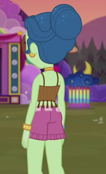 Size: 472x773 | Tagged: safe, screencap, equestria girls:sunset's backstage pass, g4, my little pony:equestria girls, ass, butt, clothing, cropped, ear piercing, earring, female, hair bun, halter top, jewelry, laurel jade, legs, midriff, outdoors, piercing, shorts, sleeveless, solo, stage, thighs