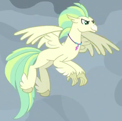 Size: 304x301 | Tagged: safe, screencap, species:classical hippogriff, species:hippogriff, episode:the ending of the end, g4, my little pony: friendship is magic, background hippogriff, cropped, feathered fetlocks, flying, jewelry, male, necklace, solo, spread wings, unnamed hippogriff, wings