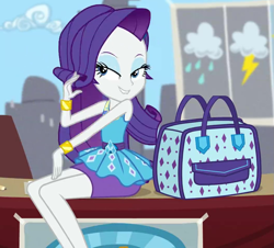 Size: 1051x951 | Tagged: safe, screencap, character:rarity, episode:best trends forever, g4, my little pony:equestria girls, bracelet, clothing, cropped, cute, desk, eyeshadow, female, handbag, jewelry, legs, lidded eyes, lip bite, looking at you, makeup, miniskirt, pencil skirt, purse, raribetes, sexy, sitting, skirt, smiling, weather