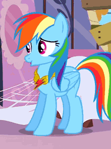 Size: 222x297 | Tagged: safe, screencap, character:rainbow dash, species:pegasus, species:pony, episode:magical mystery cure, g4, my little pony: friendship is magic, a true true friend, animated, animation error, bouncing, carousel boutique, cropped, cute, dashabetes, element of loyalty, gif, loop, open mouth, perfect loop, singing, solo, song, spider web