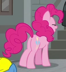 Size: 342x370 | Tagged: safe, screencap, character:pinkie pie, species:earth pony, species:pony, episode:the last laugh, g4, my little pony: friendship is magic, balloonbutt, butt, cropped, eyes closed, female, mare, open mouth, plot, solo