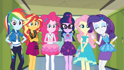 Size: 1600x900 | Tagged: safe, screencap, character:fluttershy, character:pinkie pie, character:rainbow dash, character:rarity, character:sunset shimmer, character:twilight sparkle, character:twilight sparkle (scitwi), species:eqg human, equestria girls:holidays unwrapped, g4, my little pony:equestria girls, cute, eyes closed, eyeshadow, grin, looking at you, makeup, o come all ye squashful, raribetes, smiling, varying degrees of want, waving