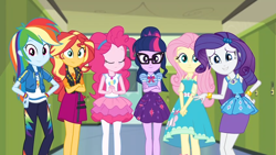 Size: 1600x900 | Tagged: safe, screencap, character:fluttershy, character:pinkie pie, character:rainbow dash, character:rarity, character:sunset shimmer, character:twilight sparkle, character:twilight sparkle (scitwi), species:eqg human, equestria girls:holidays unwrapped, g4, my little pony:equestria girls, cute, geode of empathy, geode of fauna, geode of shielding, geode of sugar bombs, geode of super speed, geode of telekinesis, looking at you, magical geodes, o come all ye squashful, raribetes
