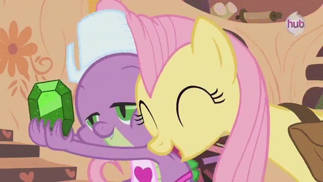 Size: 640x360 | Tagged: safe, screencap, character:fluttershy, character:spike, episode:just for sidekicks, g4, my little pony: friendship is magic, animated, cute, hub logo, shyabetes, snuggling, spikelove