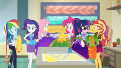 Size: 1600x900 | Tagged: safe, screencap, character:fluttershy, character:pinkie pie, character:rainbow dash, character:rarity, character:sunset shimmer, character:twilight sparkle, character:twilight sparkle (scitwi), species:eqg human, equestria girls:holidays unwrapped, g4, my little pony:equestria girls, cornucopia costumes, hands on hip, o come all ye squashful, raised eyebrow
