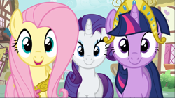 Size: 1667x939 | Tagged: safe, screencap, character:fluttershy, character:rarity, character:twilight sparkle, character:twilight sparkle (unicorn), species:pegasus, species:pony, species:unicorn, episode:magical mystery cure, g4, my little pony: friendship is magic, big crown thingy, cropped, crown, element of kindness, element of magic, female, jewelry, looking at you, mare, open mouth, regalia, smiling, trio