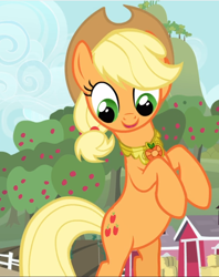 Size: 744x940 | Tagged: safe, screencap, character:applejack, species:earth pony, species:pony, episode:magical mystery cure, g4, my little pony: friendship is magic, bipedal, cropped, cute, element of honesty, female, jackabetes, looking down, mare, open mouth, raised hoof, smiling, solo