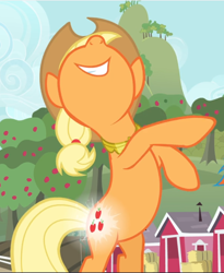Size: 770x941 | Tagged: safe, screencap, character:applejack, species:earth pony, species:pony, episode:magical mystery cure, g4, my little pony: friendship is magic, bipedal, cropped, female, glowing cutie mark, hoofy-kicks, mare, nose in the air, raised hoof, rearing, smiling, solo