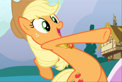 Size: 1404x939 | Tagged: safe, screencap, character:applejack, species:earth pony, species:pony, episode:magical mystery cure, g4, my little pony: friendship is magic, bipedal, cropped, element of honesty, excited, female, freckles, mare, open mouth, pushing, raised hoof, smiling, solo