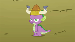 Size: 2880x1618 | Tagged: safe, screencap, character:spike, species:dragon, episode:fall weather friends, g4, my little pony: friendship is magic, helmet, horned helmet, male, solo, spike is not amused, unamused, viking helmet