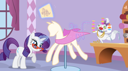 Size: 2880x1618 | Tagged: safe, screencap, character:opalescence, character:rarity, species:pony, species:unicorn, episode:suited for success, g4, my little pony: friendship is magic, balancing, cat, cloth, duo, female, glasses, glue bottle, magic, magic aura, mannequin, mare, measuring tape, needle, ponyquin, rarity's glasses, scissors, spool, standing, standing on one leg, telekinesis, thread