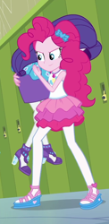 Size: 470x965 | Tagged: safe, screencap, character:pinkie pie, character:rarity, equestria girls:holidays unwrapped, g4, my little pony:equestria girls, butt touch, canterlot high, carrying, cropped, duo, duo female, female, geode of sugar bombs, hallway, high heels, lockers, magical geodes, marshmelodrama, o come all ye squashful, ots carry, over the shoulder, pencil skirt, rarity being rarity, shoes