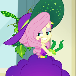 Size: 1080x1080 | Tagged: safe, screencap, character:fluttershy, equestria girls:holidays unwrapped, g4, my little pony:equestria girls, bare shoulders, cornucopia costumes, cropped, female, o come all ye squashful, sleeveless, smiling, solo