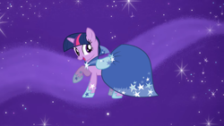 Size: 2880x1620 | Tagged: safe, screencap, character:twilight sparkle, character:twilight sparkle (unicorn), species:pony, species:unicorn, episode:suited for success, g4, my little pony: friendship is magic, clothing, dress, female, gala dress, mare, outfit catalog, raised hoof, solo, starry backdrop, stars