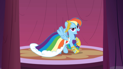 Size: 2880x1620 | Tagged: safe, screencap, character:rainbow dash, species:pegasus, species:pony, episode:suited for success, g4, my little pony: friendship is magic, clothing, dress, female, gala dress, mare, outfit catalog, raised hoof, sandals, solo