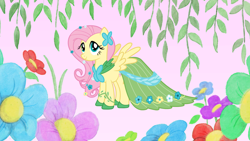 Size: 2880x1620 | Tagged: safe, screencap, character:fluttershy, species:pegasus, species:pony, episode:suited for success, g4, my little pony: friendship is magic, clothing, dress, female, flower, flower in hair, gala dress, mare, outfit catalog, pink background, simple background, solo, vine