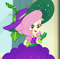Size: 1104x1080 | Tagged: safe, screencap, character:fluttershy, equestria girls:holidays unwrapped, g4, my little pony:equestria girls, bare shoulders, belt, clothing, cornucopia costumes, costume, cropped, cute, dress, eyeshadow, food, fruit, geode of fauna, gloves, grapes, hat, jewelry, leaf, lidded eyes, looking down, magical geodes, makeup, necklace, o come all ye squashful, shyabetes, sleeveless, smiling, solo, vine
