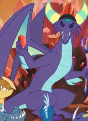 Size: 306x418 | Tagged: safe, screencap, character:gaius, species:dragon, episode:the hearth's warming club, g4, my little pony: friendship is magic, background dragon, bloodstone scepter, cropped, dragon crown, dragon lord, front view, sitting