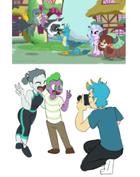 Size: 1027x1294 | Tagged: safe, artist:ponyretirementhome, screencap, character:gabby, character:gallus, character:silverstream, character:spike, character:yona, species:dragon, species:griffon, species:hippogriff, species:yak, my little pony:equestria girls, camera, cute, diastreamies, equestria girls interpretation, equestria girls-ified, friendship, gabbybetes, gallabetes, human spike, not shipping, scene interpretation, screencap reference, spikabetes, winged spike, yonadorable