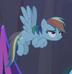 Size: 451x464 | Tagged: safe, screencap, character:mean rainbow dash, character:rainbow dash, episode:the mean 6, g4, my little pony: friendship is magic, bored, clone, cropped, crossed hooves, flying, frown, solo, spread wings, wings