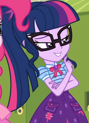 Size: 752x1035 | Tagged: safe, screencap, character:pinkie pie, character:twilight sparkle, character:twilight sparkle (scitwi), species:eqg human, equestria girls:holidays unwrapped, g4, my little pony:equestria girls, bow tie, canterlot high, clothing, collar, cropped, cute, female, geode of telekinesis, glasses, high school, jewelry, lidded eyes, lockers, magical geodes, o come all ye squashful, pockets, ponytail, raised eyebrow, shirt, short sleeves, skirt, smiling