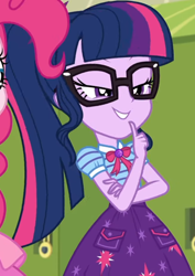 Size: 760x1075 | Tagged: safe, screencap, character:pinkie pie, character:twilight sparkle, character:twilight sparkle (scitwi), species:eqg human, equestria girls:holidays unwrapped, g4, my little pony:equestria girls, bow tie, canterlot high, clothing, collar, cropped, cute, female, geode of telekinesis, glasses, high school, jewelry, lidded eyes, lockers, magical geodes, o come all ye squashful, pockets, ponytail, raised eyebrows, shirt, short sleeves, skirt, smiling