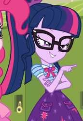 Size: 745x1080 | Tagged: safe, screencap, character:pinkie pie, character:twilight sparkle, character:twilight sparkle (scitwi), species:eqg human, equestria girls:holidays unwrapped, g4, my little pony:equestria girls, bow tie, canterlot high, clothing, collar, cropped, cute, female, geode of telekinesis, glasses, high school, jewelry, lidded eyes, lockers, magical geodes, o come all ye squashful, pockets, pointing, ponytail, shirt, short sleeves, skirt, smiling