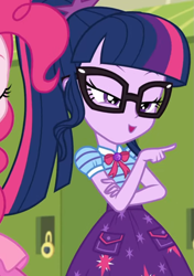 Size: 761x1080 | Tagged: safe, screencap, character:pinkie pie, character:twilight sparkle, character:twilight sparkle (scitwi), species:eqg human, equestria girls:holidays unwrapped, g4, my little pony:equestria girls, bow tie, canterlot high, clothing, collar, cropped, cute, female, geode of telekinesis, glasses, high school, jewelry, lockers, magical geodes, o come all ye squashful, pockets, pointing, ponytail, raised eyebrows, shirt, short sleeves, skirt, smiling