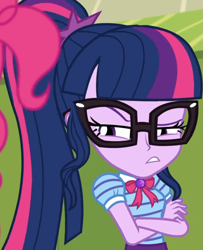 Size: 875x1080 | Tagged: safe, screencap, character:pinkie pie, character:twilight sparkle, character:twilight sparkle (scitwi), species:eqg human, equestria girls:holidays unwrapped, g4, my little pony:equestria girls, bow tie, canterlot high, clothing, collar, cropped, crossed arms, cute, female, frown, geode of telekinesis, glasses, high school, jewelry, lidded eyes, lockers, magical geodes, o come all ye squashful, ponytail, shirt, short sleeves, skirt