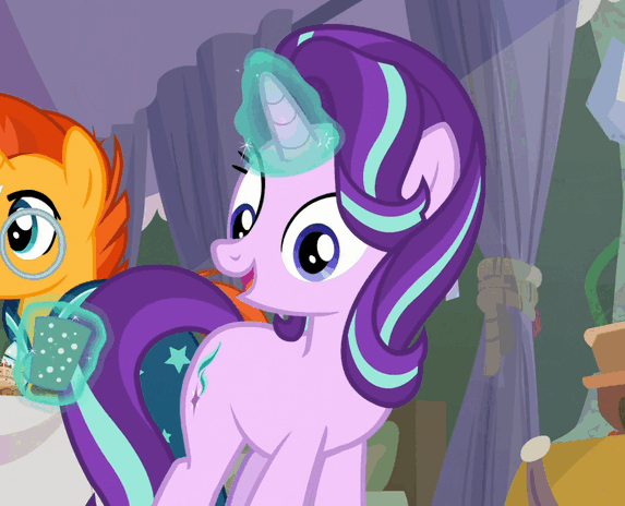 Size: 573x464 | Tagged: safe, screencap, character:starlight glimmer, character:sunburst, species:pony, species:unicorn, episode:student counsel, animated, cropped, drinking, gif, glowing horn, horn, mug, one eye closed, wink
