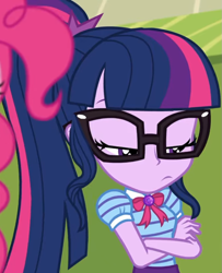 Size: 877x1080 | Tagged: safe, screencap, character:pinkie pie, character:twilight sparkle, character:twilight sparkle (scitwi), species:eqg human, equestria girls:holidays unwrapped, g4, my little pony:equestria girls, bow tie, canterlot high, clothing, collar, cropped, crossed arms, cute, female, geode of telekinesis, glasses, high school, jewelry, lidded eyes, lockers, magical geodes, o come all ye squashful, ponytail, shirt, short sleeves, skirt