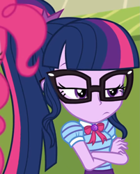 Size: 867x1080 | Tagged: safe, screencap, character:pinkie pie, character:twilight sparkle, character:twilight sparkle (scitwi), species:eqg human, equestria girls:holidays unwrapped, g4, my little pony:equestria girls, bow tie, canterlot high, clothing, collar, cropped, crossed arms, cute, female, geode of telekinesis, glasses, high school, jewelry, lidded eyes, lockers, magical geodes, o come all ye squashful, ponytail, shirt, short sleeves, skirt