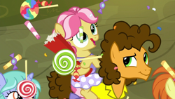 Size: 1920x1080 | Tagged: safe, screencap, character:cheese sandwich, character:kettle corn, episode:the last laugh, g4, my little pony: friendship is magic, candy, food, indian summer, lilac ice