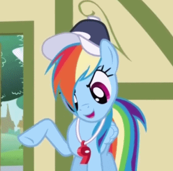 Size: 341x337 | Tagged: safe, screencap, character:rainbow dash, species:pegasus, species:pony, episode:flight to the finish, g4, my little pony: friendship is magic, animated, baseball cap, cap, clothing, cropped, female, gif, hat, mare, rainbow professionalism dash, solo, whistle