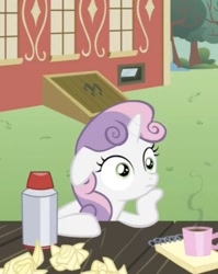 Size: 451x568 | Tagged: safe, screencap, character:sweetie belle, species:pony, species:unicorn, episode:ponyville confidential, g4, my little pony: friendship is magic, coffee, cropped, cute, diasweetes, female, filly, floppy ears, meme origin, mug, notepad, ponyville schoolhouse, solo, sudden clarity sweetie belle, thinking