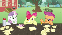 Size: 1920x1080 | Tagged: safe, screencap, character:apple bloom, character:scootaloo, character:sweetie belle, species:earth pony, species:pegasus, species:pony, species:unicorn, episode:ponyville confidential, g4, my little pony: friendship is magic, coffee, coffee mug, cutie mark crusaders, exploitable meme, female, filly, hoof on cheek, meme, meme origin, mug, notepad, paper, paper ball, pencil, picnic table, sudden clarity sweetie belle, table, thinking