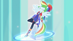Size: 640x360 | Tagged: safe, screencap, character:rainbow dash, equestria girls:forgotten friendship, g4, my little pony:equestria girls, awesome, beautiful, falling, falling back, ponied up, solo, super ponied up, transformation