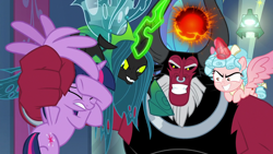 Size: 1280x720 | Tagged: safe, screencap, character:cozy glow, character:lord tirek, character:queen chrysalis, character:twilight sparkle, character:twilight sparkle (alicorn), species:alicorn, species:centaur, species:changeling, species:pony, episode:the ending of the end, g4, my little pony: friendship is magic, alicornified, archenemies, attempted murder, bell, changeling queen, cozycorn, evil, evil grin, female, filly, frown, grin, grogar's bell, legion of doom, magic, male, mare, pain, race swap, scared, smiling, ultimate chrysalis, wince, wing grab