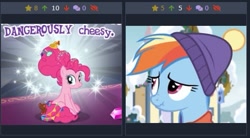 Size: 485x267 | Tagged: safe, gameloft, screencap, character:pinkie pie, character:rainbow dash, species:earth pony, species:pony, derpibooru, episode:best gift ever, episode:the last problem, g4, my little pony: friendship is magic, cute, dashabetes, juxtaposition, juxtaposition win, meme, meta, older, older pinkie pie, scrunchy face, sitting, solo, wow! glimmer