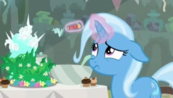 Size: 1920x1080 | Tagged: safe, screencap, character:trixie, species:pony, episode:student counsel, equinox cake, floppy ears, magic, solo