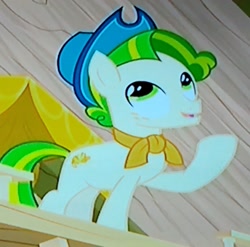 Size: 1702x1682 | Tagged: safe, screencap, character:pistachio, species:earth pony, species:pony, episode:best gift ever, g4, my little pony: friendship is magic, clothing, cropped, hat, looking at something, looking up, male, photo, picture of a screen, raised hoof, solo, stallion