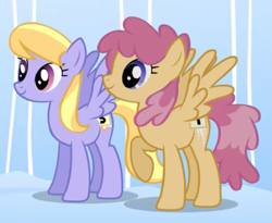 Size: 973x799 | Tagged: safe, screencap, character:cloud kicker, character:dizzy twister, character:orange swirl, species:pegasus, species:pony, episode:sonic rainboom, g4, my little pony: friendship is magic, background pony, cropped, duo, duo female, female, mare, raised hoof, smiling