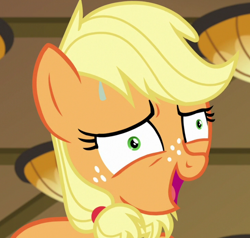 Size: 800x760 | Tagged: safe, screencap, character:applejack, species:pony, episode:where the apple lies, g4, my little pony: friendship is magic, cropped, solo, sweat, sweatdrop, teenage applejack, teenager