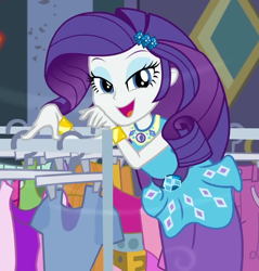Size: 988x1035 | Tagged: safe, screencap, character:rarity, episode:street chic, g4, my little pony:equestria girls, bracelet, clothes rack, cropped, cute, female, geode of shielding, jewelry, lidded eyes, looking at you, magical geodes, open mouth, raribetes, smiling, solo, wind, wind blowing