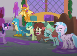 Size: 496x362 | Tagged: safe, screencap, character:gallus, character:ocellus, character:sandbar, character:silverstream, character:smolder, character:twilight sparkle, character:twilight sparkle (alicorn), character:yona, species:alicorn, species:changedling, species:changeling, species:classical hippogriff, species:dragon, species:earth pony, species:griffon, species:hippogriff, species:pony, species:reformed changeling, species:yak, episode:the hearth's warming club, g4, my little pony: friendship is magic, angry, argument, bow, claws, clenched fist, cloven hooves, complaining, couch, cropped, curved horn, dragoness, female, fist, flying, folded wings, gallus is not amused, hair bow, headmare twilight, horn, horns, looking at each other, male, mare, monkey swings, necklace, ocellus is not amused, pearl necklace, pointing, punishment, regret, sandbar is not amused, silverstream is not amused, slime, smolder is not amused, spread wings, student six, talons, teenaged dragon, teenager, unamused, window, wings, yona is not amused