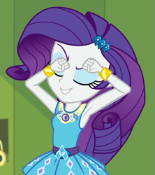 Size: 961x1080 | Tagged: safe, screencap, character:rarity, equestria girls:holidays unwrapped, g4, my little pony:equestria girls, armpits, bracelet, canterlot high, cropped, cute, eyes closed, eyeshadow, female, geode of shielding, hallway, jewelry, lockers, magical geodes, makeup, o come all ye squashful, raribetes, solo