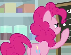Size: 1155x899 | Tagged: safe, screencap, character:pinkie pie, species:earth pony, species:pony, episode:the last laugh, g4, my little pony: friendship is magic, balloonbutt, butt, chalkboard, cropped, female, mare, plot, raised hoof, solo