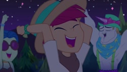 Size: 1280x720 | Tagged: safe, screencap, character:bulk biceps, episode:the last drop, g4, my little pony:equestria girls, arms in the air, background human, cheering, clothing, eyes closed, female, glasses, happy, hat, hunter hedge, laurel jade, male, night, night sky, panama hat, sky, smiling, sunglasses
