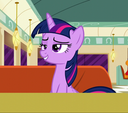 Size: 814x721 | Tagged: safe, screencap, character:twilight sparkle, character:twilight sparkle (alicorn), species:alicorn, species:pony, episode:the saddle row review, g4, my little pony: friendship is magic, cropped, diner, female, horn, lidded eyes, mare, sitting, smiling, smirk, smuglight sparkle, solo, wings