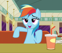 Size: 844x721 | Tagged: safe, screencap, character:rainbow dash, species:pegasus, species:pony, episode:the saddle row review, g4, my little pony: friendship is magic, cropped, cup, diner, drink, faec, female, lidded eyes, mare, open mouth, raised hoof, sitting, smiling, smirk, smug, smugdash, solo